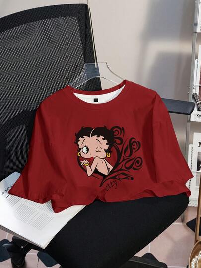 Betty Boop x SHEIN Women's Casual Cartoon Print Round Neck Short Sleeve T-Shirt, Versatile For Daily Wear