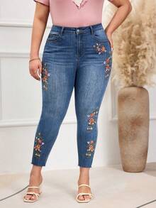 EMERY ROSE Plus Size Women's Autumn Embroidered Vintage Washed Denim Jeans Brown - Medium Wash - View 1