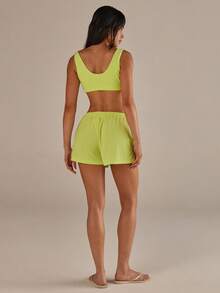 Athîral Bộ đồ 2 món dành cho nữ, kiểu dáng thường ngày, màu trơn, gồm áo tank top và quần short, thích hợp cho kỳ nghỉ. - màu xanh lá - Xem 2