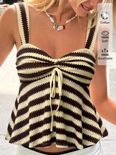 MainGRL Women's Cotton Yellow & Brown Striped Knit Drawstring Front Tank Top - Sexy Cute Coconut Girl & Boho Style, Island Girl Vintage Looks, Perfect For Spring/Summer Outfits, Going Out, Vacation, Music Festivals, Seaside Holidays & Romantic Vacay Vibes
