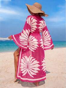 Swim Lushoire 女士度假沙滩网纱面料数码印花喇叭袖松紧腰抽绳系带度假和服浴袍 - 玫紅色 - 查看 2