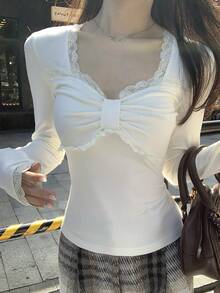 DAZY Women's Lace Patchwork Bow Pleated Solid Color T-Shirt, Autumn/Winter Long Sleeve - Beige - View 5