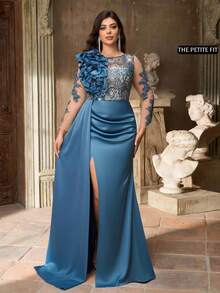 Aureia Petite Curve 大码优雅船领奢华串珠刺绣拼接塔夫绸3D荷叶边装饰长袖高开衩薄纱罩衫连衣裙，适合派对、庆典、婚礼、正式晚宴（精致设计） - 藍色 - 查看 4