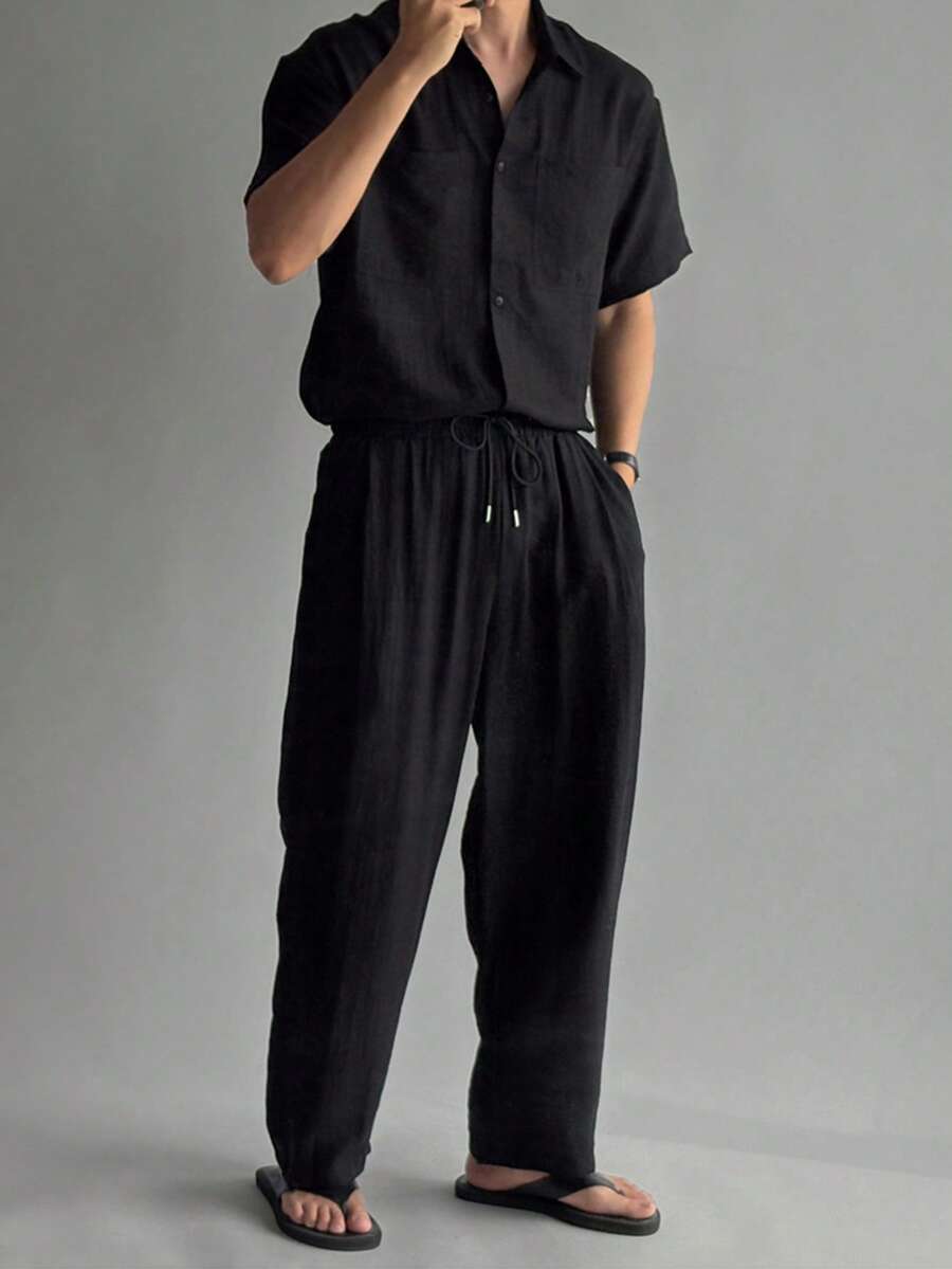 DAZY Men's Black Short Sleeve Shirt And Pants Set - Black - View 1