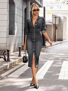 EMERY ROSE Plus Size Casual Everyday Washed Front Button Denim Dress - Black - View 4