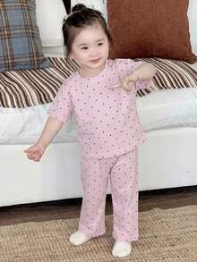 Dazy Kids 2件組女嬰休閒圓領T恤與格紋長褲居家服套裝 幼兒夏季 - 淺粉色 - 查看 4