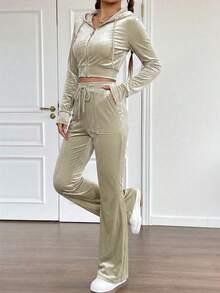 SHEIN EZwear 拉链抽绳连帽两件套外套和裤子 - 杏色 - 查看 6