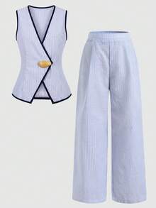 SHEIN Bộ đồ 2 món cho bé gái tuổi teen mùa hè, thanh lịch, thường ngày đi làm, gồm áo crop top tay ngắn cài kim loại và quần ống rộng cạp cao. - Màu xanh lam - Xem 3