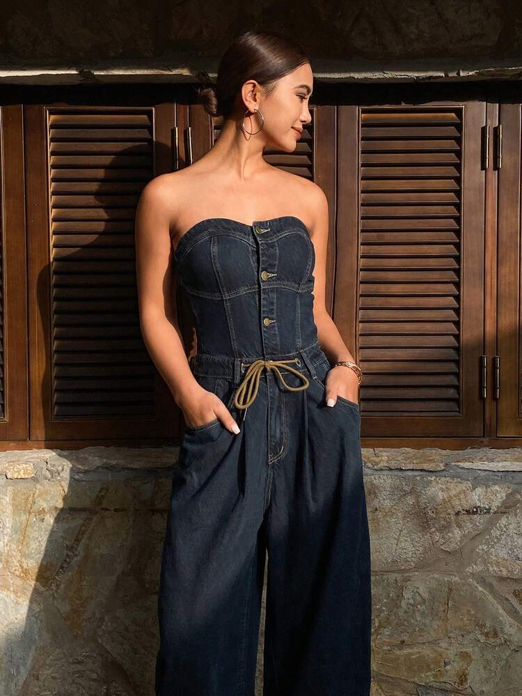 Women's Washed Denim Bustier Jumpsuit And Romper For Vacation