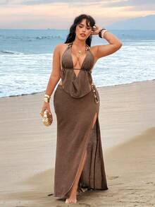 Rustia Plus Size Women's Sexy Summer Vacation Halter Top And Slit Skirt 2 Pieces Set - Brown - View 6