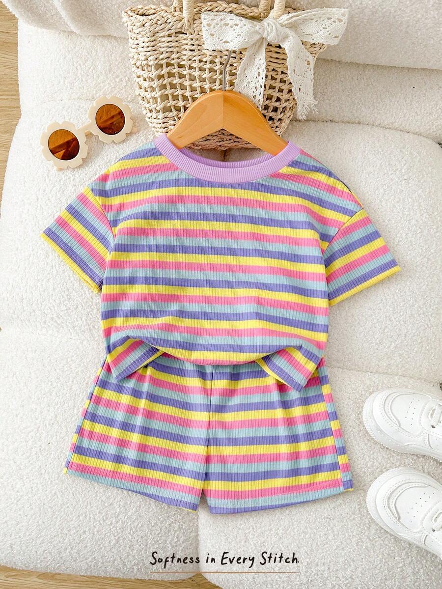 Cozy Pixies 女婴撞色针织柔软圆领短袖上衣和松紧腰短裤两件套 - 紫色 - 查看 1