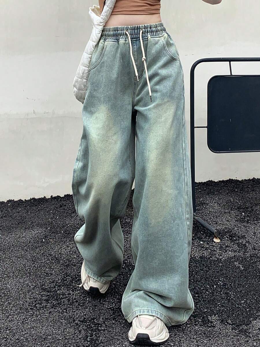 Dazy Tall Quần jeans nữ ống đứng dáng rộng, cạp chun, có dây rút, kiểu dáng thường ngày. - Rửa nhẹ - Xem 1