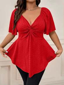 Rometta Plus Size Women's Twist Knot Asymmetrical Hem T-Shirt For New Year Clothes - Red - View 5