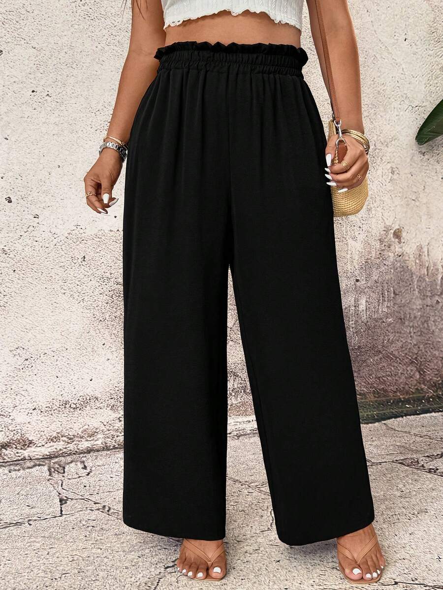 EMERY ROSE Women Summer Plus Size Side Pocket Wide Leg Pants,Black Smart Casual Holiday Loose Trousers,Suitable For Spring,Sommar And Autumn Business Fall - Black - View 1