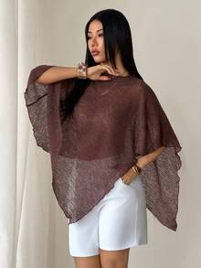SHEIN PETITE Áo choàng liền thân dệt kim jacquard màu nâu thời trang, đa năng, khoét rỗng, kiểu dáng yếm, cổ yếm, thích hợp mặc đi nghỉ mát, nhẹ nhàng. - Cà phê nâu - Xem 3