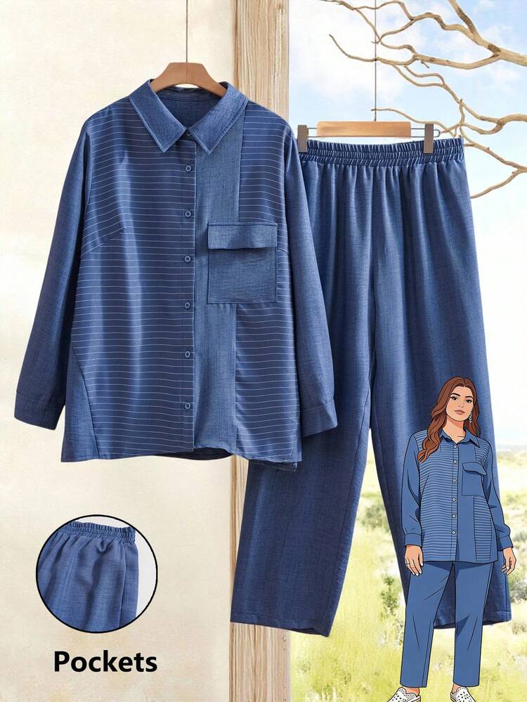 Conjunto de 2 piezas de camisa y pantalones de talla grande para mujer, de manga larga, con rayas y parches, y bajo asimétrico, color azul