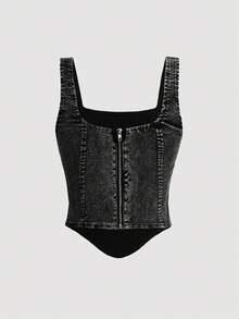 SHEIN MOD 女士方领金属十字装饰无袖牛仔上衣 - 黑色 - 查看 2