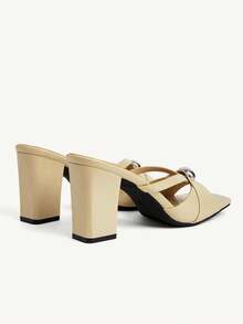 CUCCOO CHICEST 女士法式金属扣方头粗跟凉鞋裸色百搭宴会高跟凉鞋 - 杏色 - 查看 4