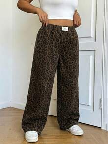 SHEIN EZwear Women's Plus Size Leopard Print Wide Leg Jeans,Brown Winter Casual Everyday Loose Elastic Waist Straight Leg Pants,Baggy Animal Print Trousers - Khaki - View 6