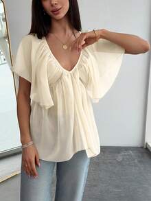 Aloruh Áo kiểu nữ màu trơn cổ chữ V sâu, kiểu dáng lãng mạn với bèo nhún ở gấu áo. - Màu be - Xem 3