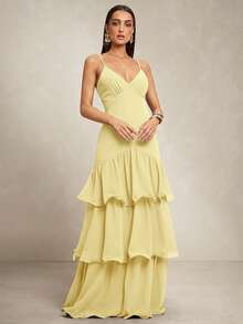 Silquee Elegant Banquet/Date Layered Hem Spaghetti Strap Dress,Summer Dresses For Women - Light Yellow - View 3
