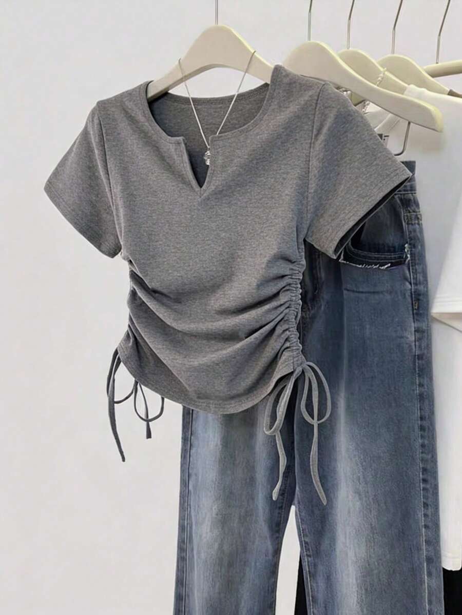 Resyla 女士纯色V领短袖抽绳休闲T恤 - 深灰色 - 查看 1