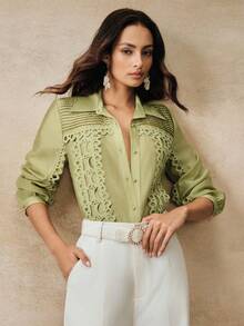 Anewsta High-Quality Fashion French Elegant Pleated Patchwork Embroidered Blouse, Niche Design Lantern Sleeve Turndown Collar Top, Versatile For Work And Vacation - Green - View 3