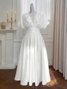 SHEIN MOD Đầm satin màu trơn thanh lịch cỡ lớn, thích hợp cho mùa hè. - trắng - Xem 6