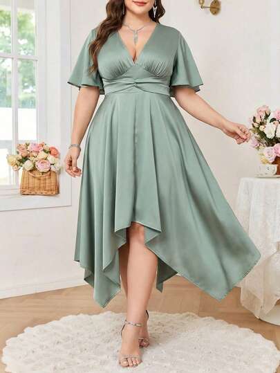 Reflora 大码女式纯色深V领褶皱时尚派对连衣裙