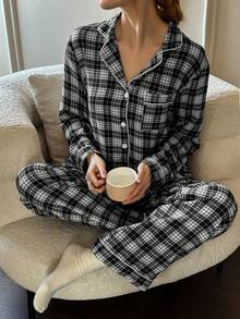 Dream Adore Bộ đồ ngủ dài tay nữ kiểu dáng thường ngày, in họa tiết kẻ caro xanh trắng, có cổ. - màu đen - Xem 3