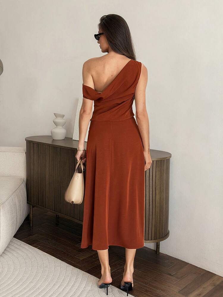 Women's Elegant Solid Color One-Shoulder Top And Tie-Waist Skirt 2-Piece Set, Summer