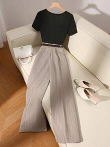 Franclia Women's Solid Color Round Neck Short Sleeve T-Shirt And Striped Wide Leg Pants Casual Suit - Khaki - View 2