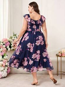 Reflora 大码女士优雅印花连衣裙，夏季婚礼宾客礼服 - 彩色 - 查看 3