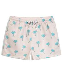 Manfinity KASUA Shorts de playa con cordón en la cintura y estampado de árboles de coco para hombres - Beis - Ver 4