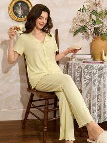 Côtesoire Women's Solid Color Knitted Ribbed Bow Decor Casual Pajama Set - Yellow - View 4