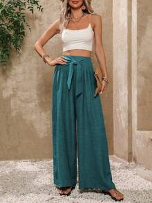 EMERY ROSE Pantalones anchos de pierna ancha con nudo en la cintura de unicolor para vacaciones de mujer - Agua verde azul - Ver 4