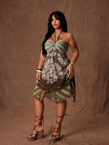 Plus Size Bohemian Style Halter Neck Dress - Multicolor - View 3