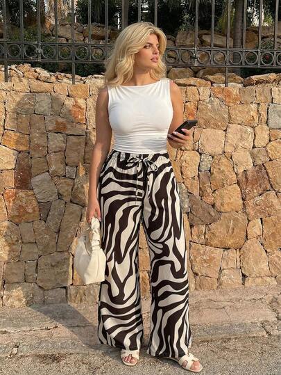 Dripcurv Quần ống rộng cỡ lớn dành cho nữ, họa tiết da báo, cạp chun, có dây rút.