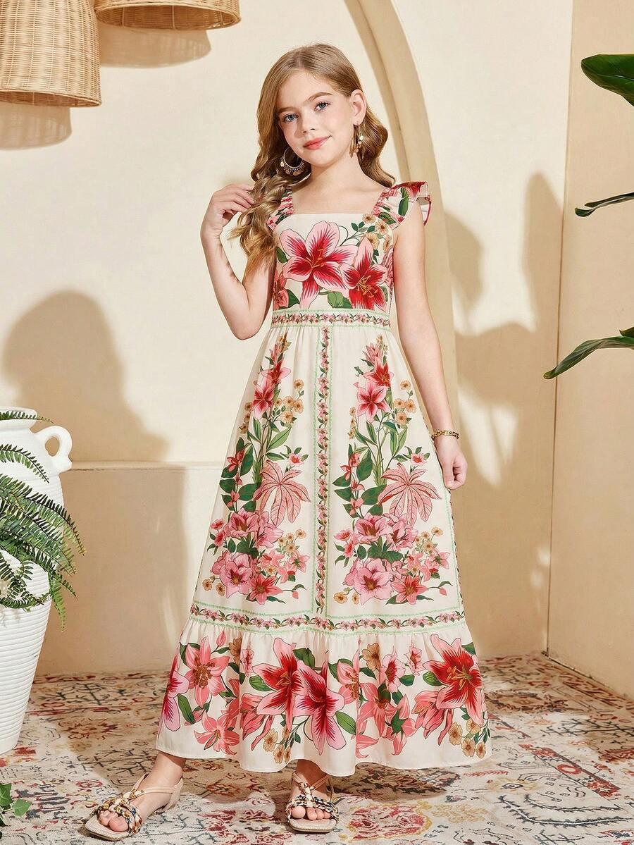 SHEIN Tween Girl Floral Print Cap Sleeve Elegant Vacation Dress - Multicolor - View 1