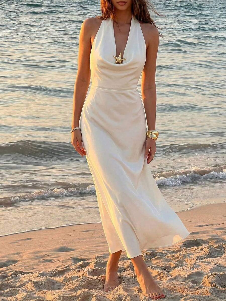 Aloruh 新款春夏女士优雅约会之夜浪漫情人节性感海滩度假婚礼季吊带深V领金属装饰蕾丝拼接露背杏色纯色长裙