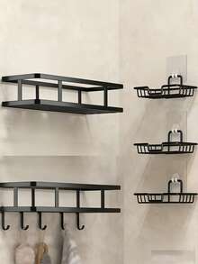 1PC Iron Storage Rack With Hook, Multipurpose Hole-Free Wall Mounted Corner Storage Shelf, Suitable For Bathroom, Bathroom Accessories, Room Decor Bathroom Accessories - Multicolor - View 2