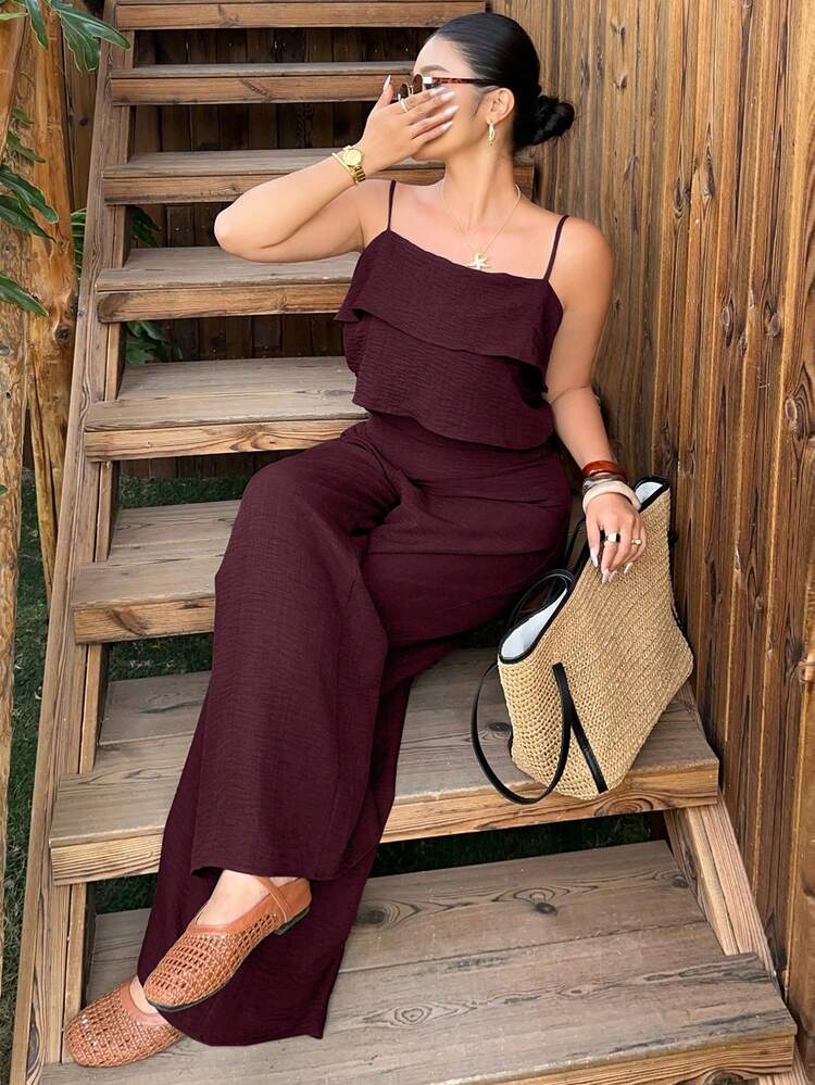 Dazy Plus Spring/Summer Vacation Style Cropped Camisole Top With Ruffle Hem And Casual Pants Set, Plus Size Lounge Sets For Women