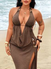 Rustia Plus Size Women's Sexy Summer Vacation Halter Top And Slit Skirt 2 Pieces Set - Brown - View 7