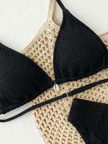 少女纯蓝色针织纹理贝壳装饰夏季沙滩露背吊带三角比基尼套装，夏季沙滩泳装 - 黑色 - 查看 4