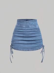 Sweetra Plus Size Fashionable Casual Versatile Fitted Elastic Waist Denim Mini Skirt - Light Wash - View 1