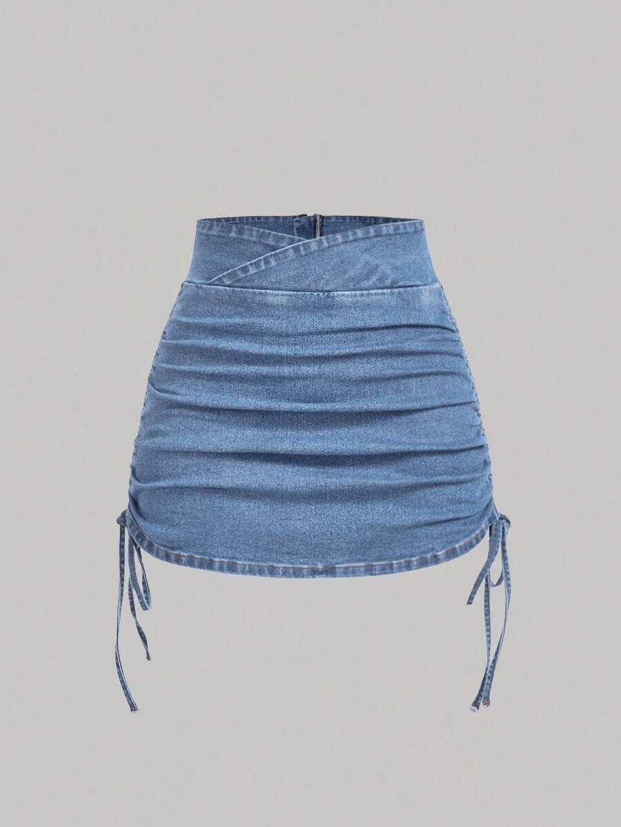 Sweetra Plus Size Fashionable Casual Versatile Fitted Elastic Waist Denim Mini Skirt - Light Wash - View 1