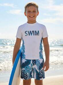 Bộ đồ bơi 2 mảnh in hình cây dừa thời trang cổ tròn đơn giản dành cho bé trai tuổi teen, thích hợp cho mùa hè, bãi biển, bơi lội, lướt sóng - Nhiều màu - Xem 3