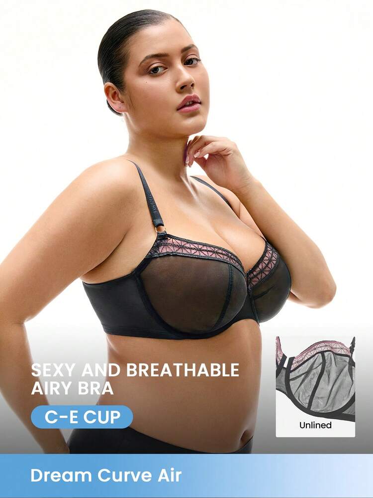 Plus Dream Curve Air Unlined Breathable Minimizer Mesh & Lace Bra
