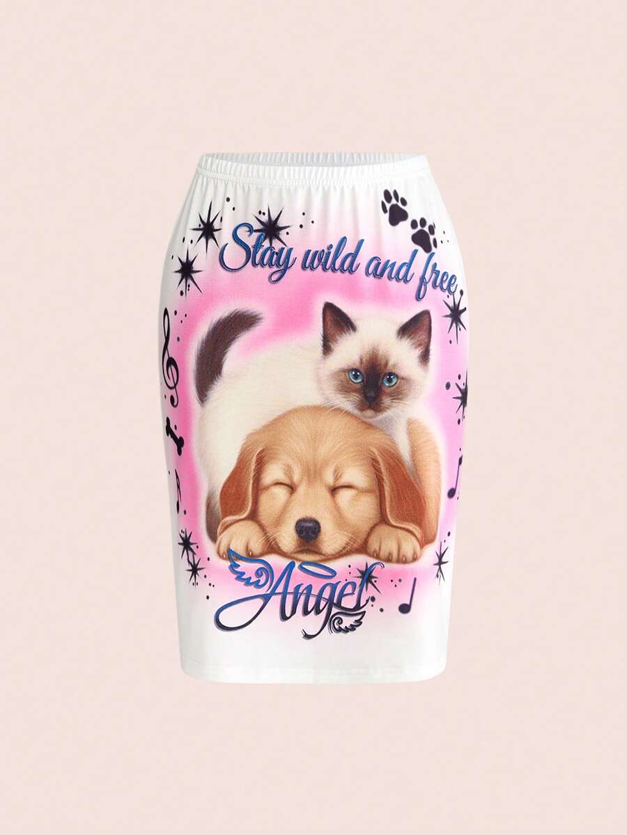 ROMWE Minifalda casual y dulce de estilo Kawaii Y2K con estampado de gato y perro para mujer - Rosa - Ver 1