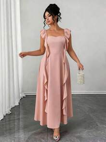 SHEIN Elenzya 大码女式早春淡粉色收腰荷叶领连衣裙 - 藕粉色 - 查看 3